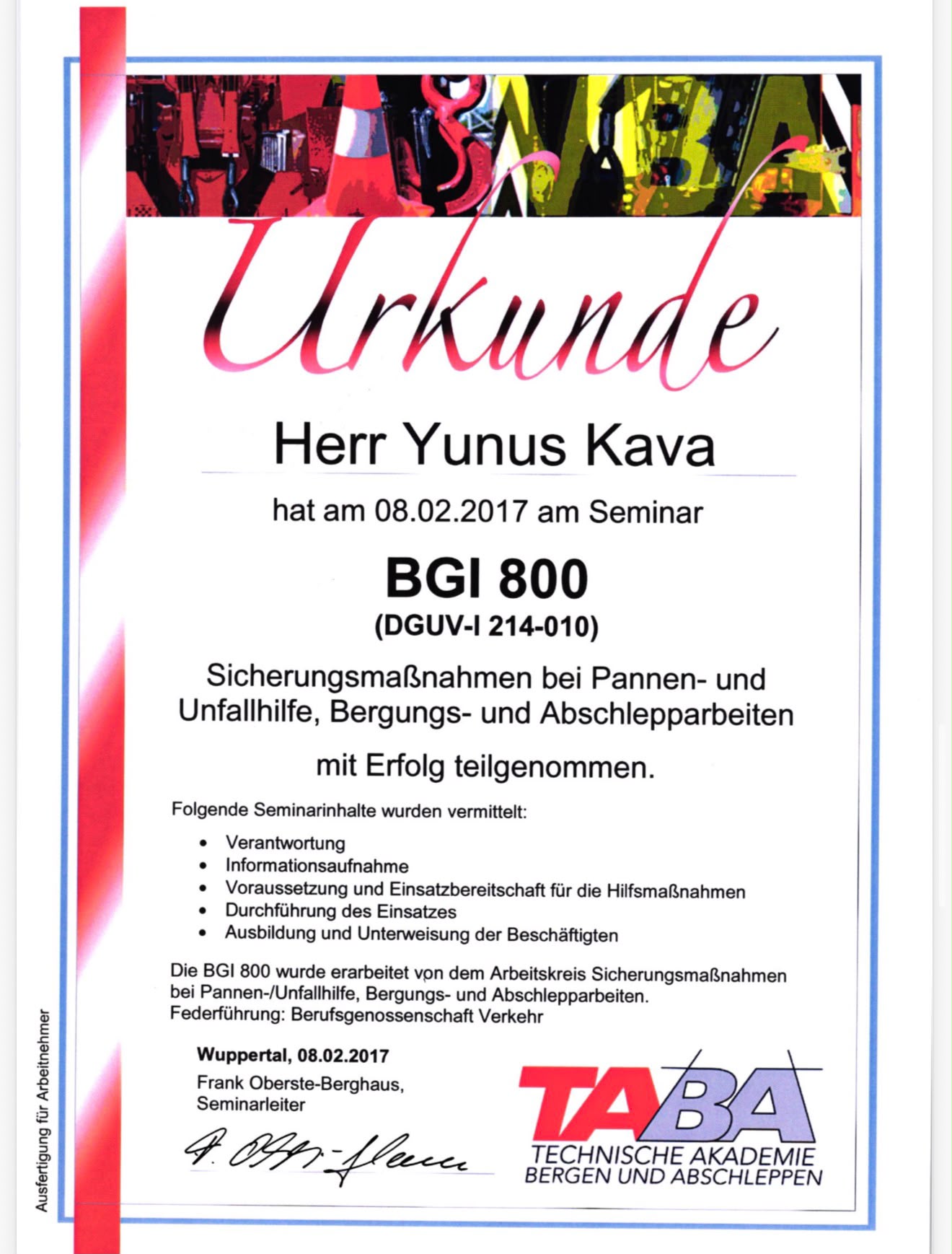 Zertifikat und Qualifikationsnachweis Yunus Kava
