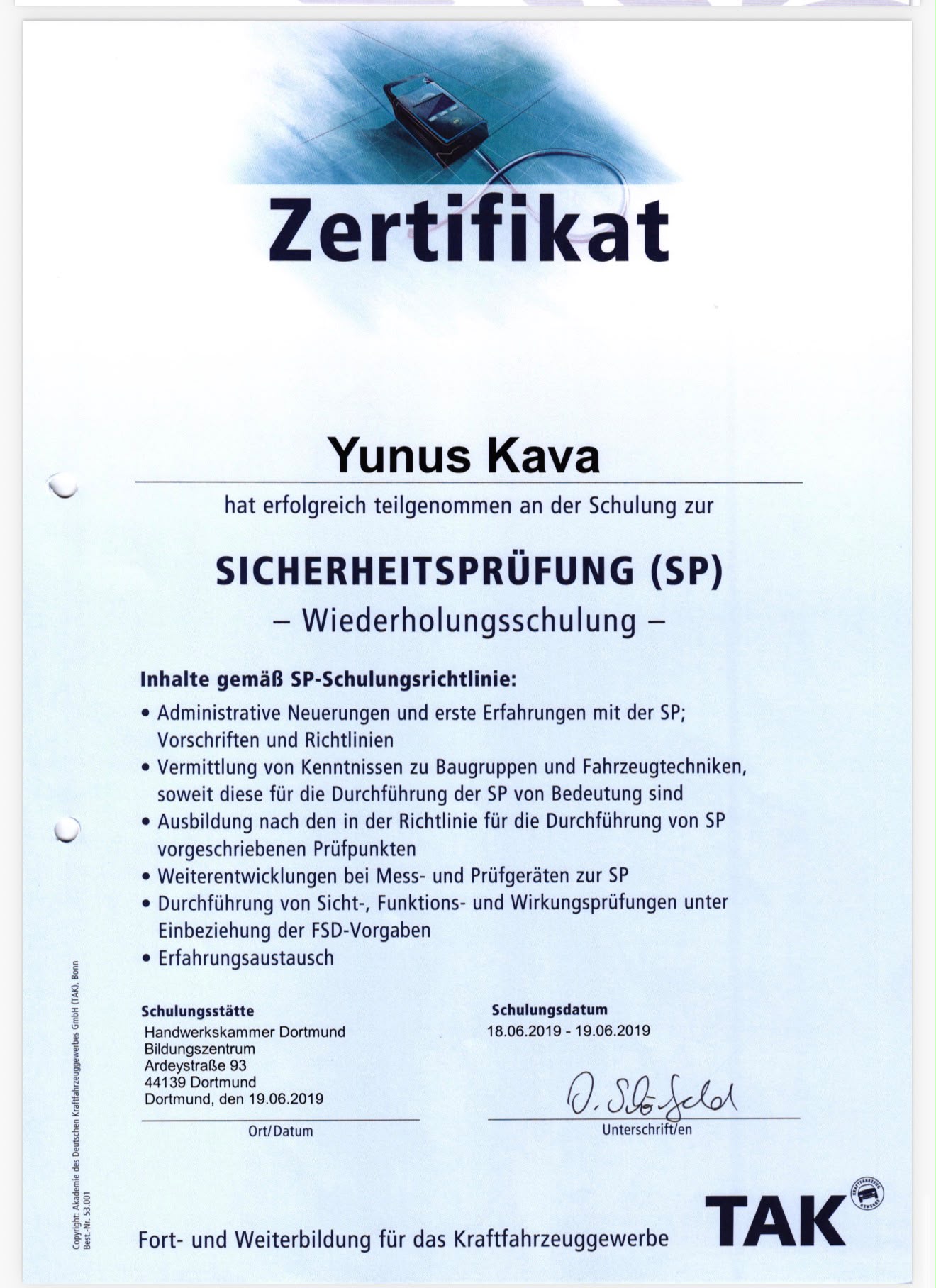 Zertifikat und Qualifikationsnachweis Yunus Kava