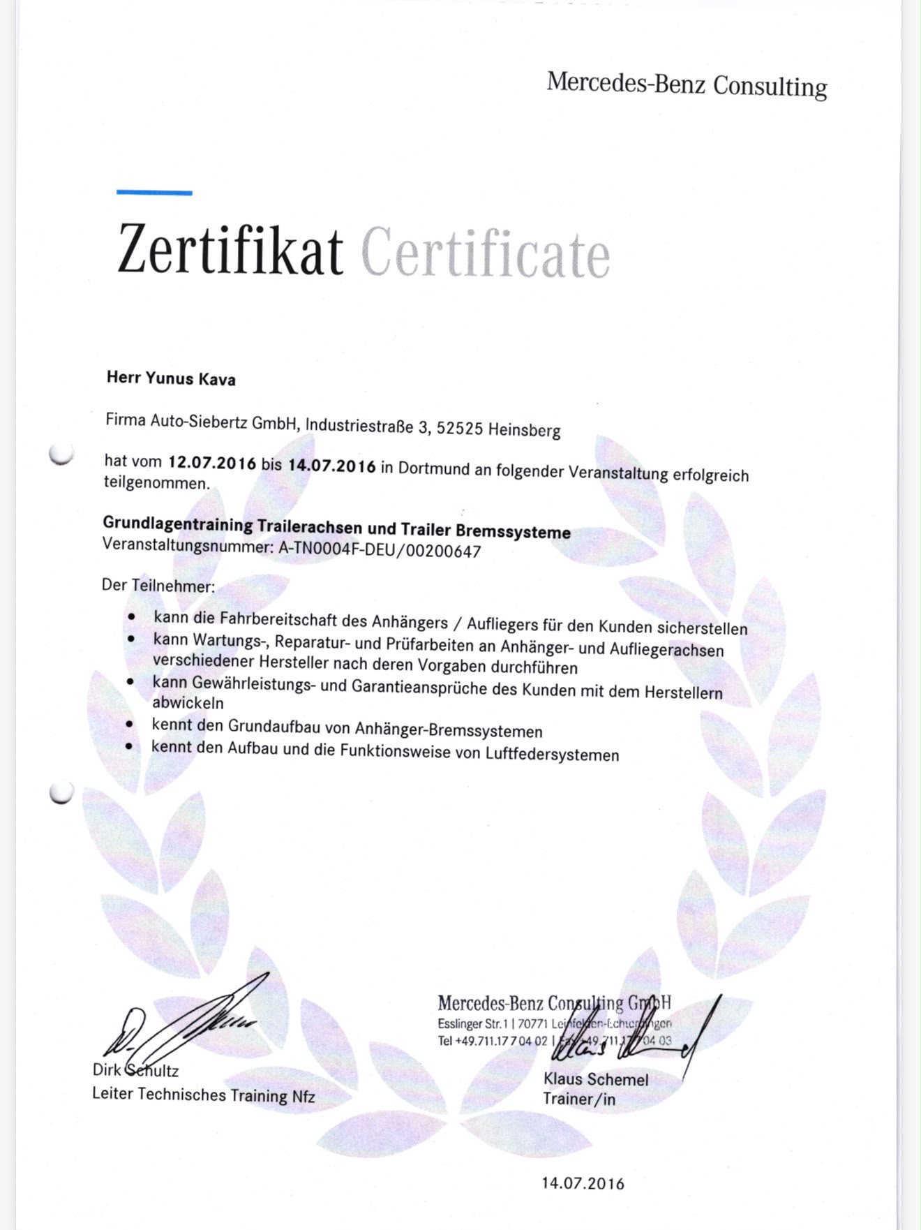 Zertifikat und Qualifikationsnachweis Yunus Kava