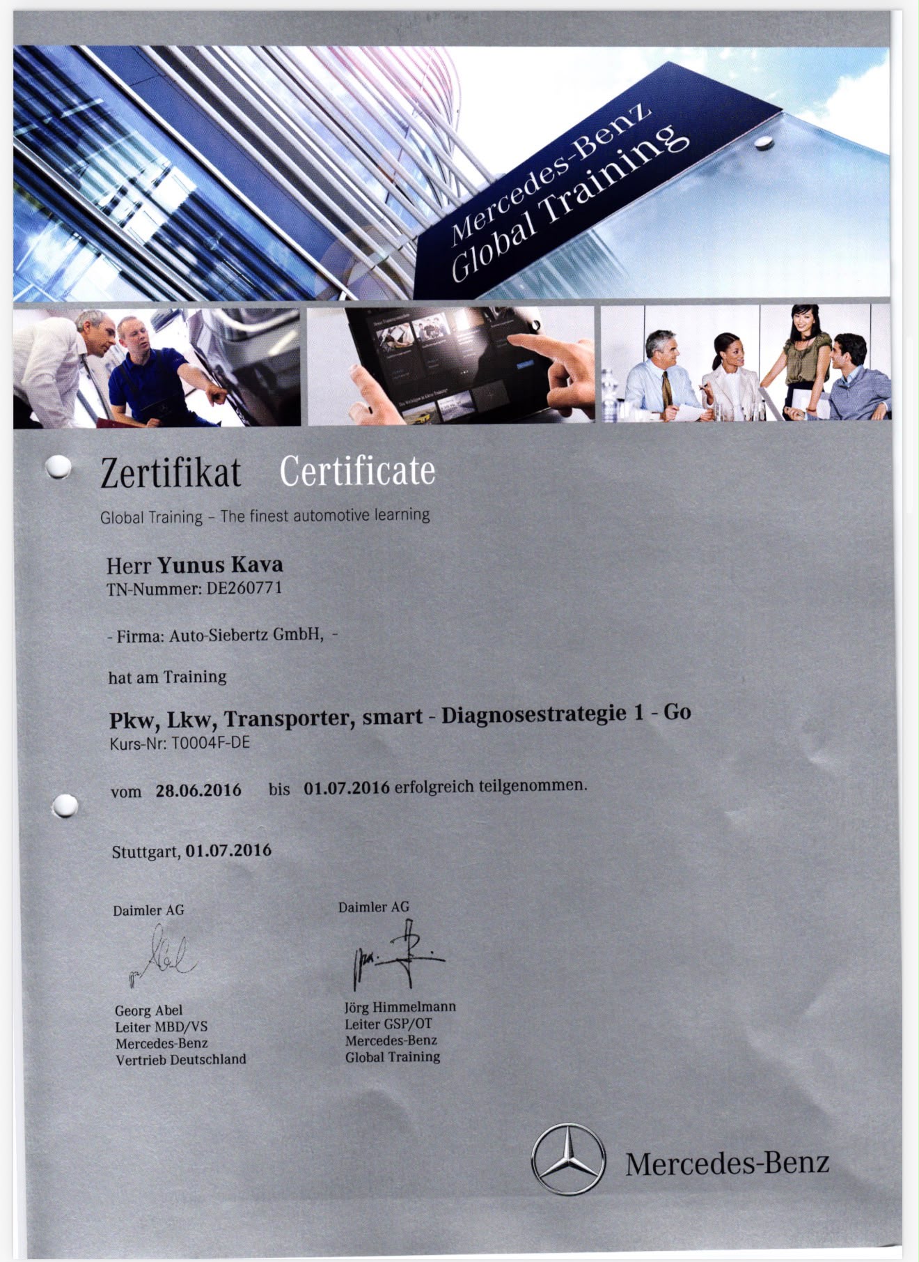 Zertifikat und Qualifikationsnachweis Yunus Kava