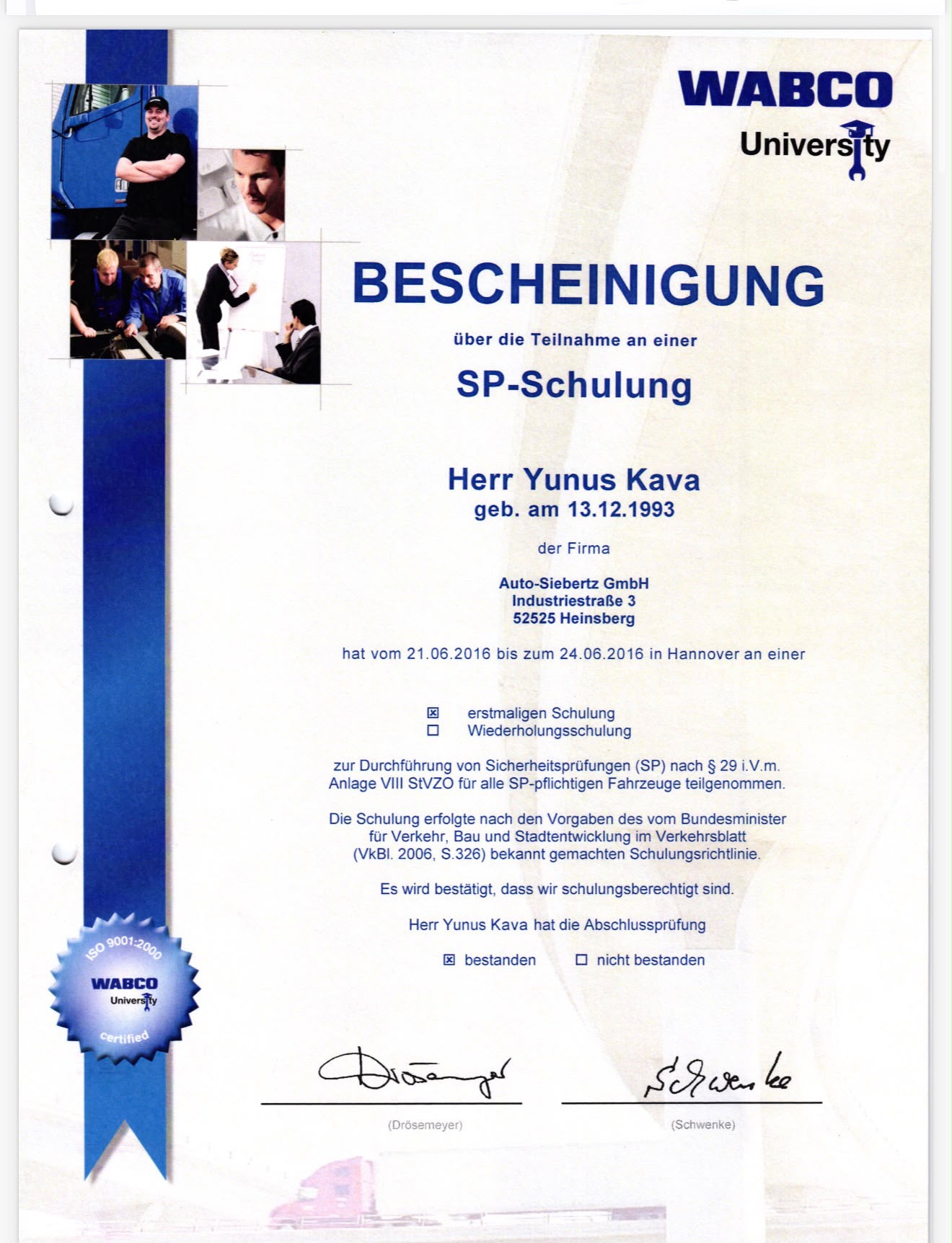 Zertifikat und Qualifikationsnachweis Yunus Kava
