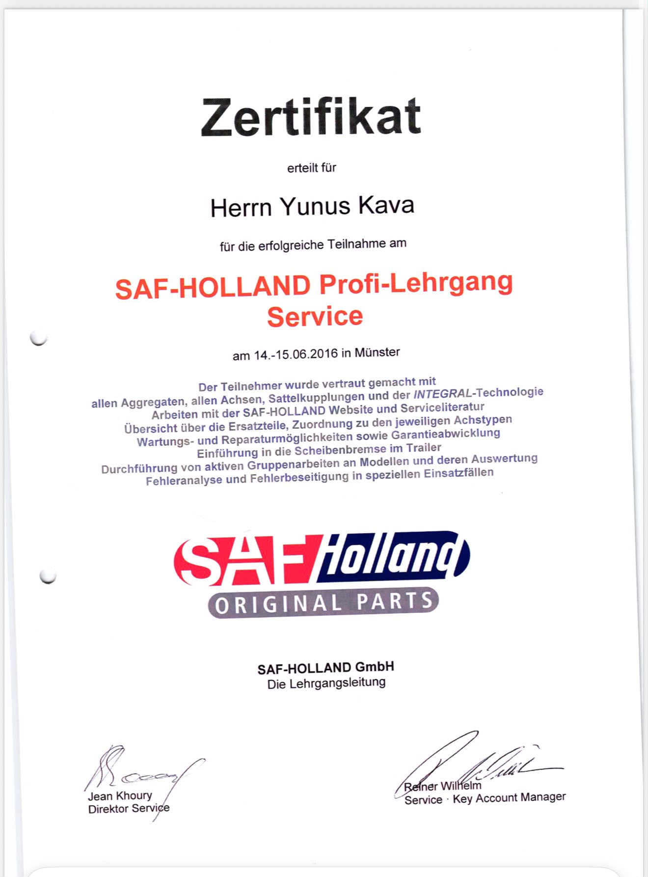 Zertifikat und Qualifikationsnachweis Yunus Kava