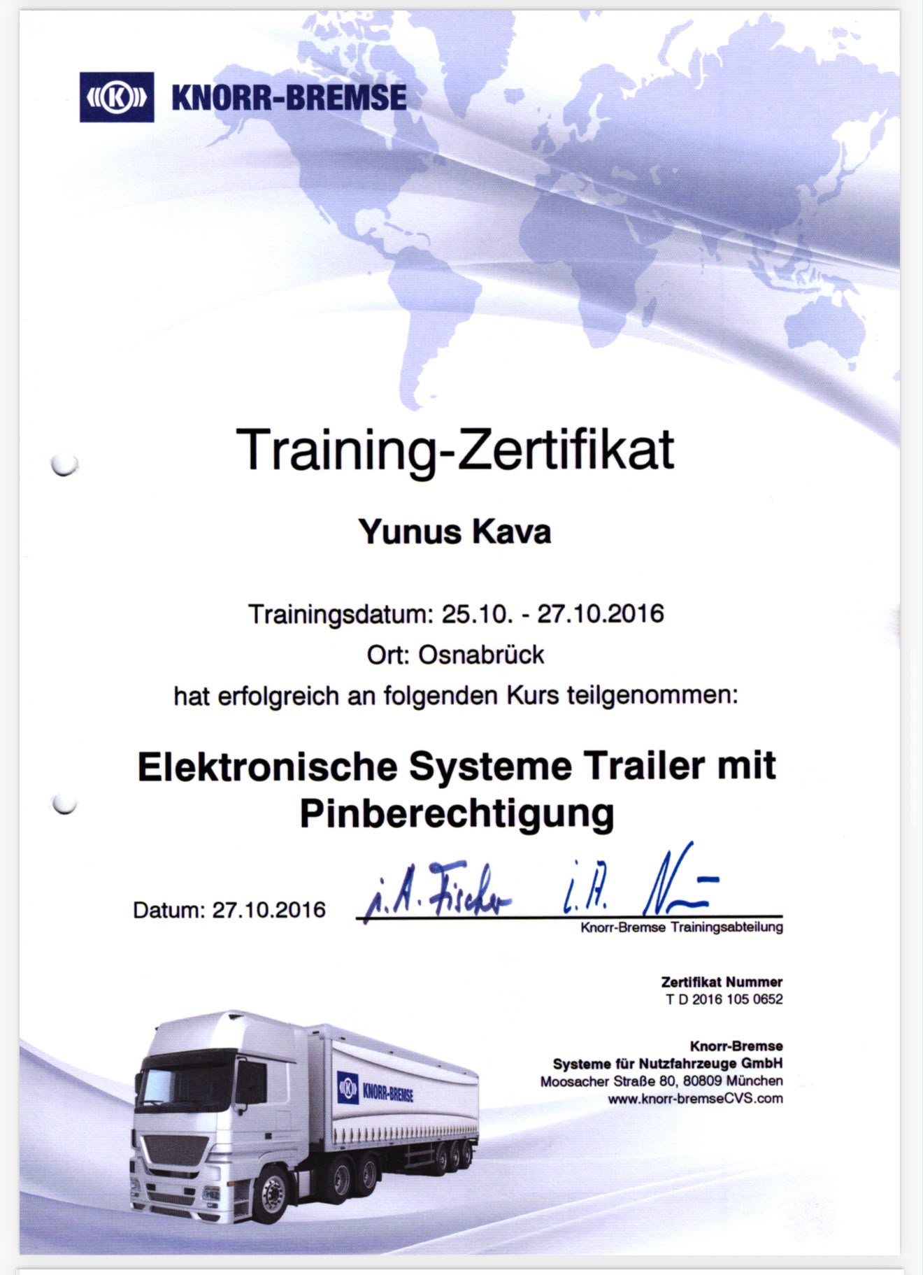 Zertifikat und Qualifikationsnachweis Yunus Kava